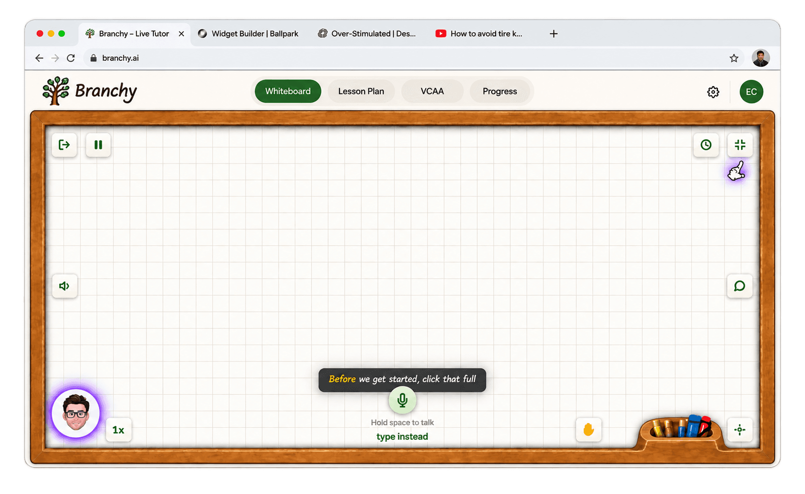 The Branchy live tutor open in a browser: a full-screen whiteboard with the tutor speaking, a hold-space-to-talk microphone control, and the student's video in the corner.